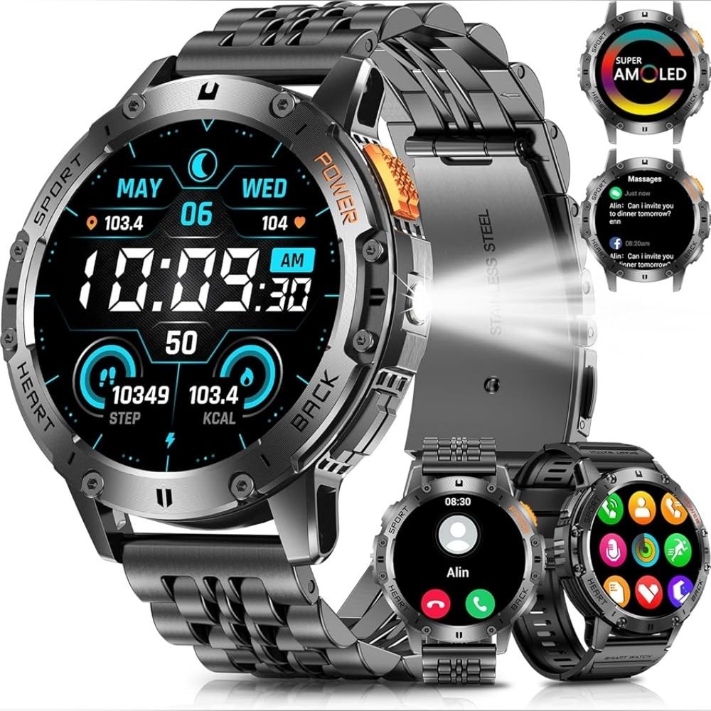 New Podoeil Military Mens 1.43" AMOLED Smartwatch w/Flashlight, Waterproof Black